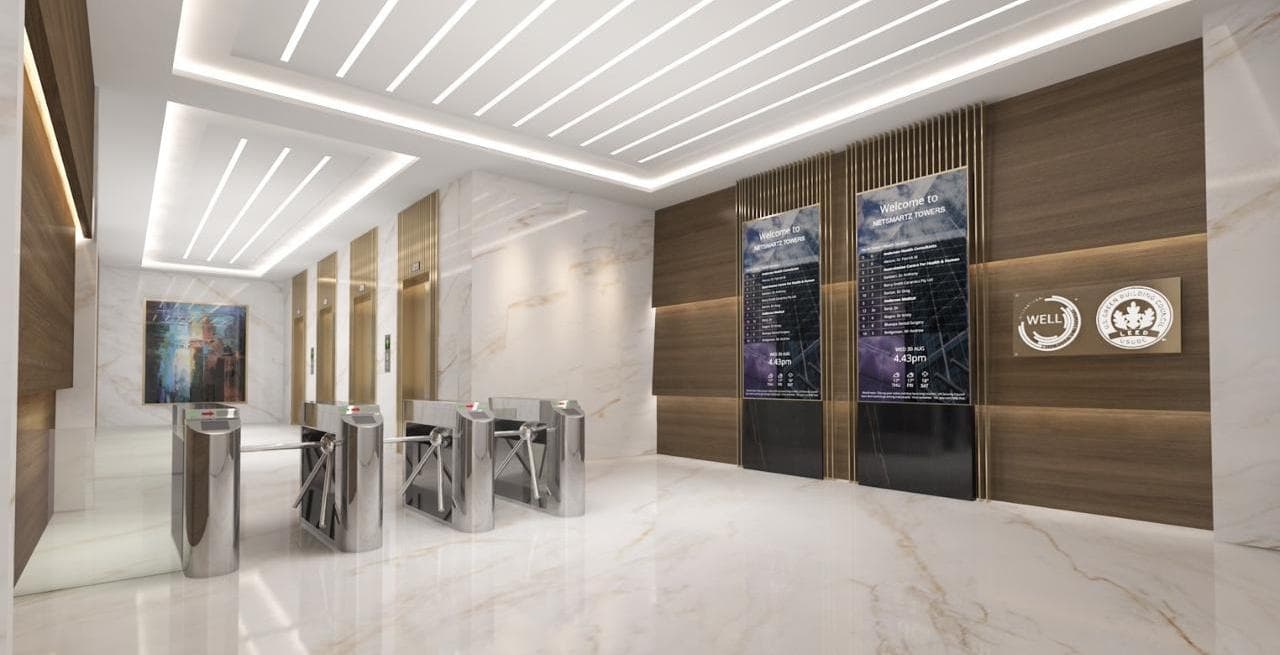 Security lobby — architectural render, Netsmartz Towers, Mohali