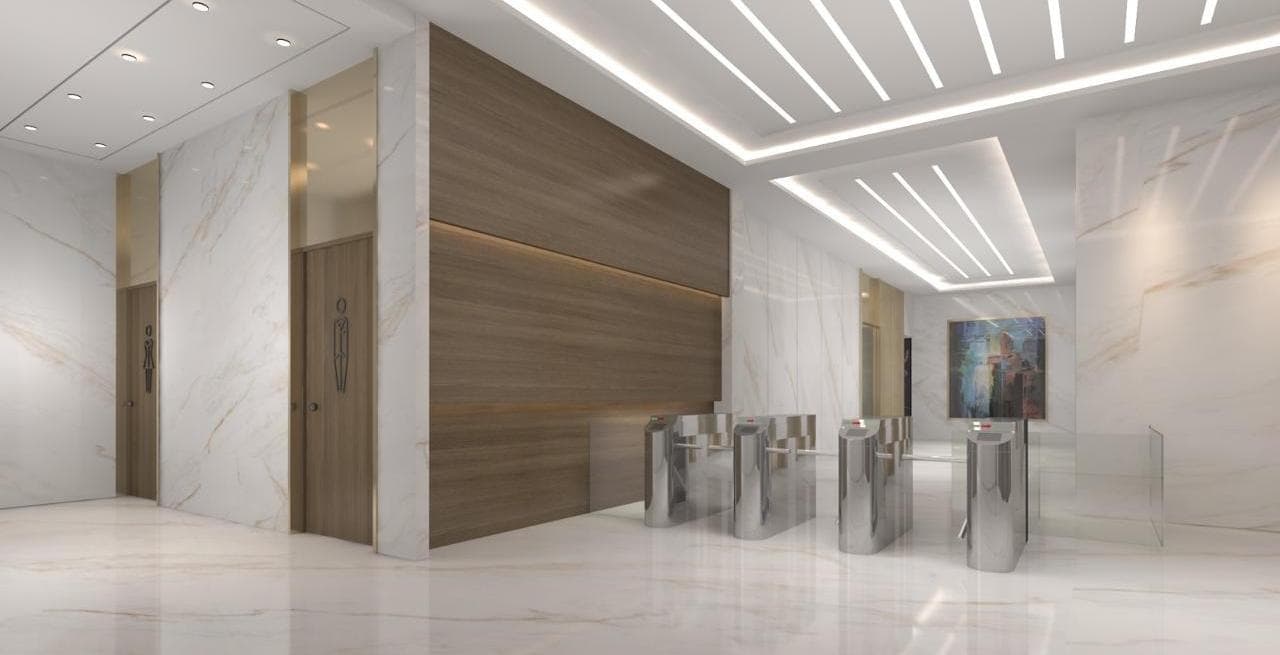 Lift lobby — architectural render, Netsmartz Towers, Mohali