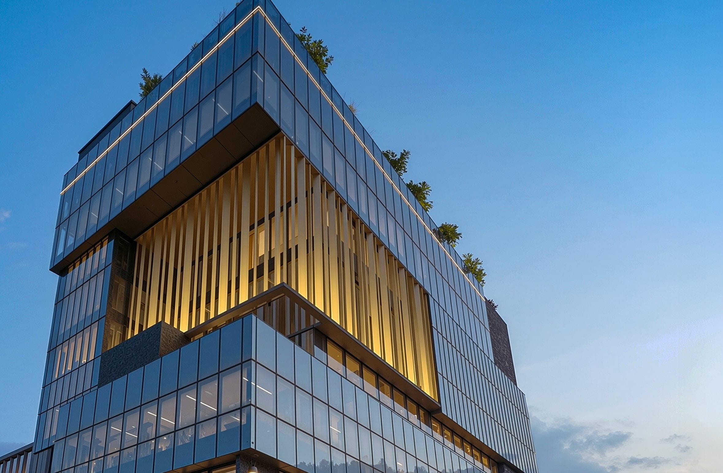 NOVA-245, Sector 75 Mohali — upper floors and cantilever at dusk, architectural render