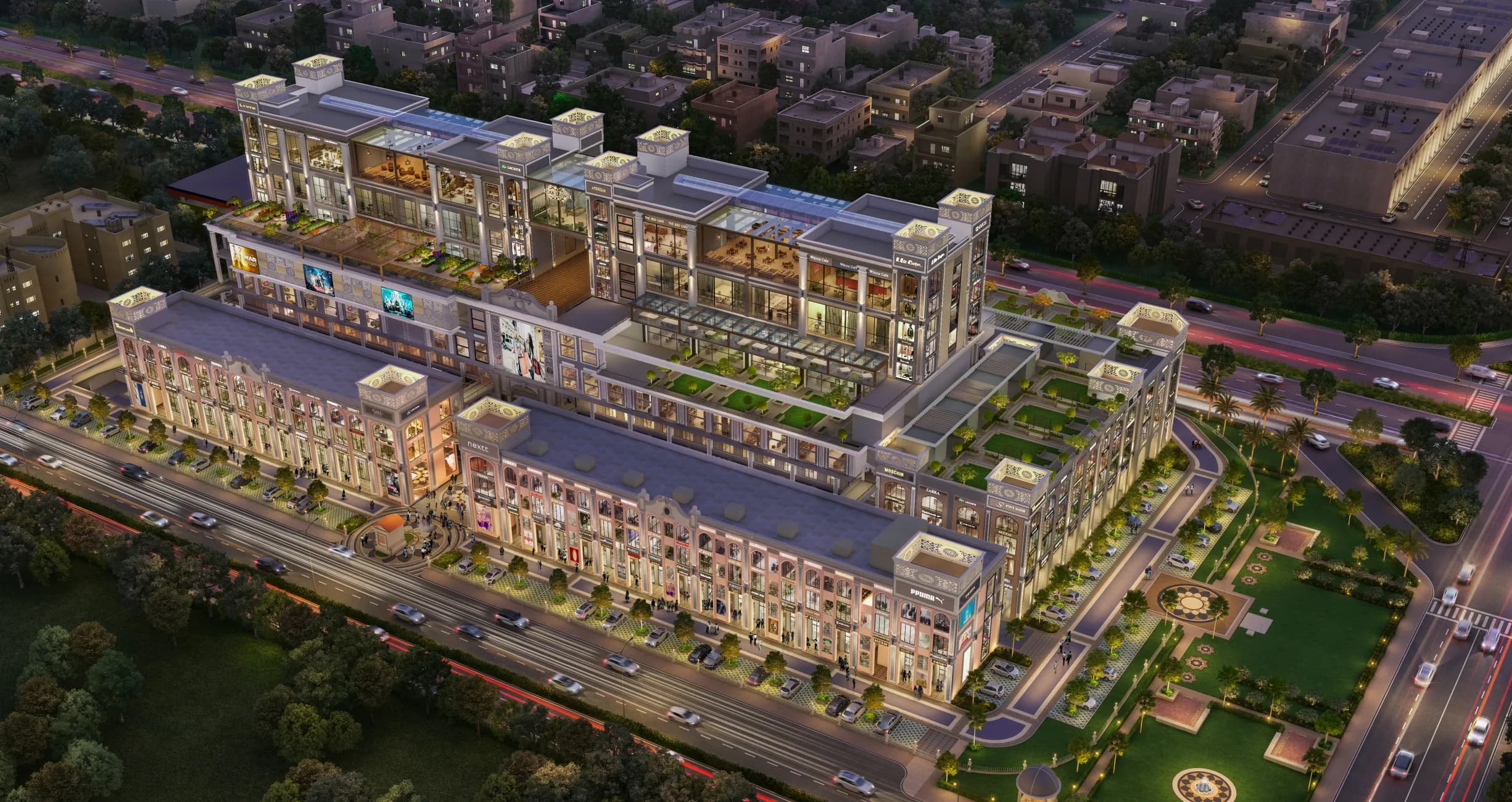Aerial view of Downtown Mohali, Phase 8, Sector 62 Mohali, at night — the developer's render, not a photograph